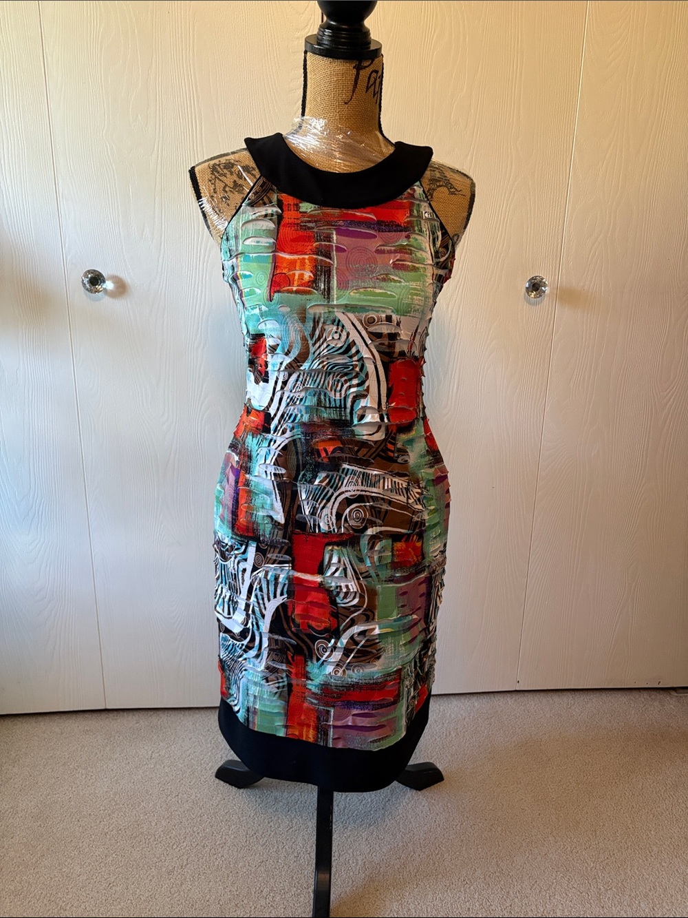 Joseph Ribkoff Multicolor Abstract Sheath Dress with Black Trim